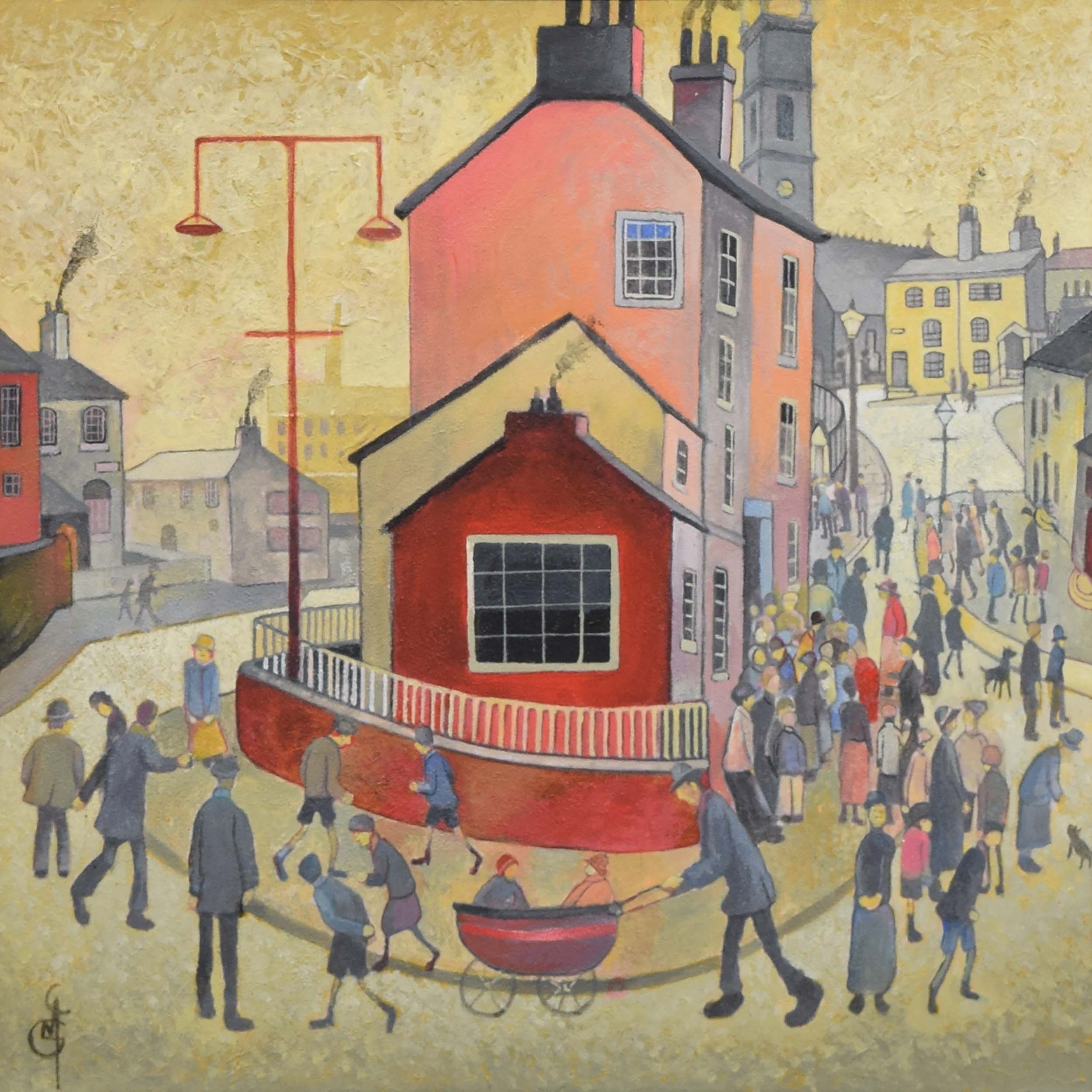 Gary McNamara - The Bustling Bend - Framed original Lowry inspired artwork painting